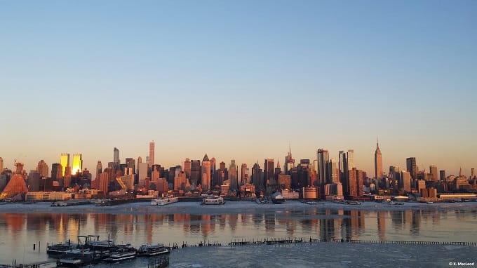 NYC skyline overlooking the frozen Hudson River