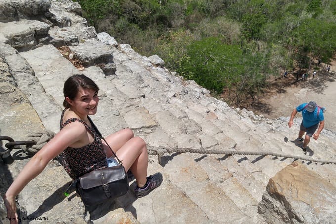 Climbing down the Coba Ruins