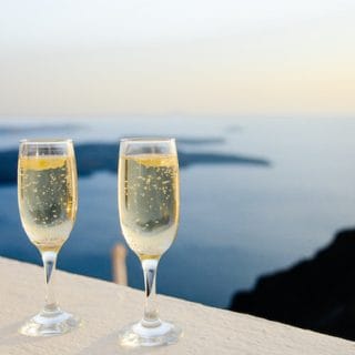 Champagne glasses on balcony